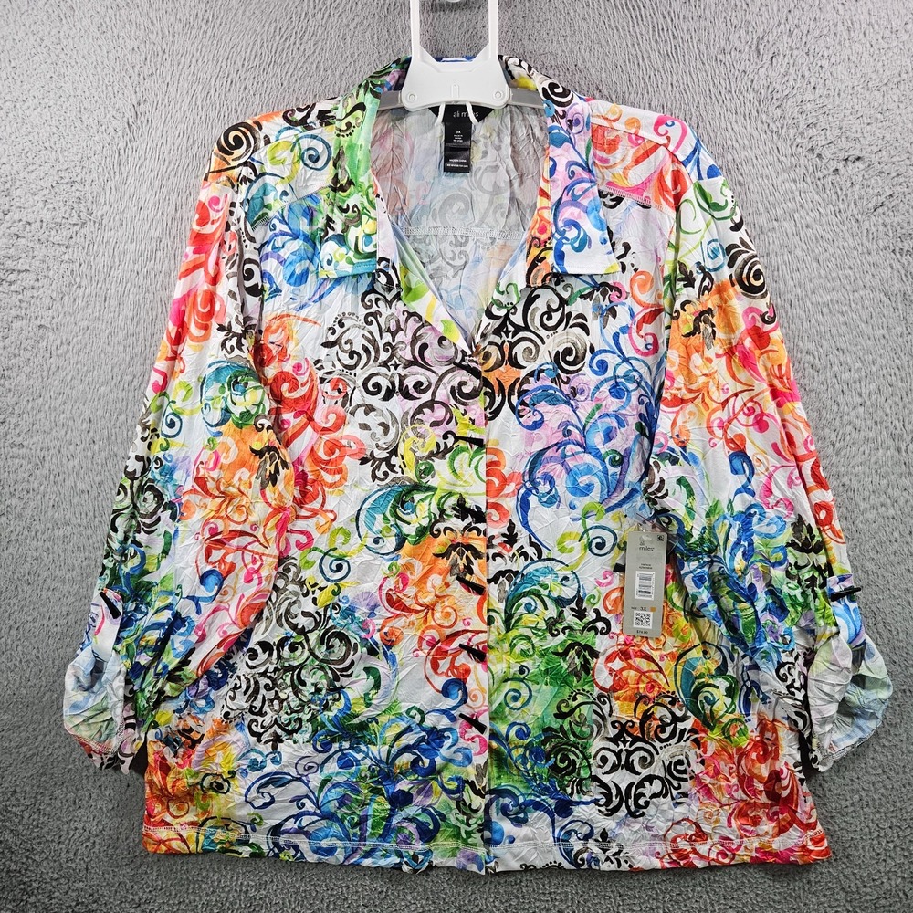 NEW Ali Miles Shirt‎ Top Women 3X Button Up Stretch Colorful Geometric Print
